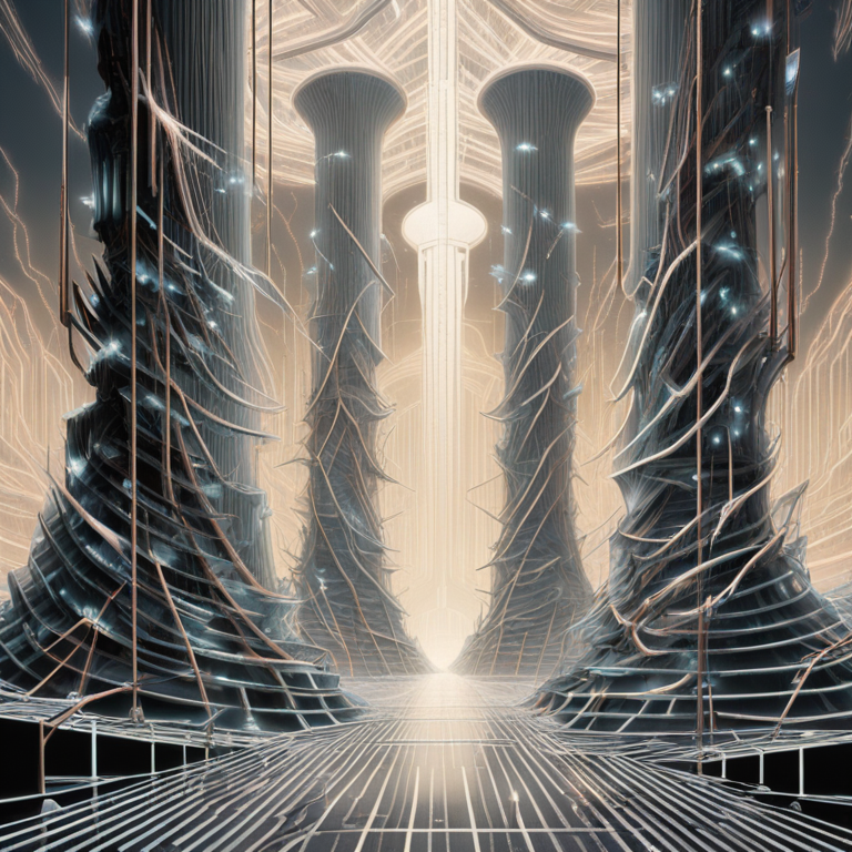 양쪽에 곡선형 건물들이 늘어선 미래형 복도 중앙으로 빛이 쏟아지고 있다