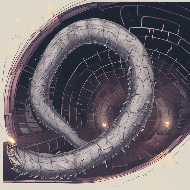 위에서 내려다본 나선형 구조물이 원형 공간 안에서 회전하고 있는 모습