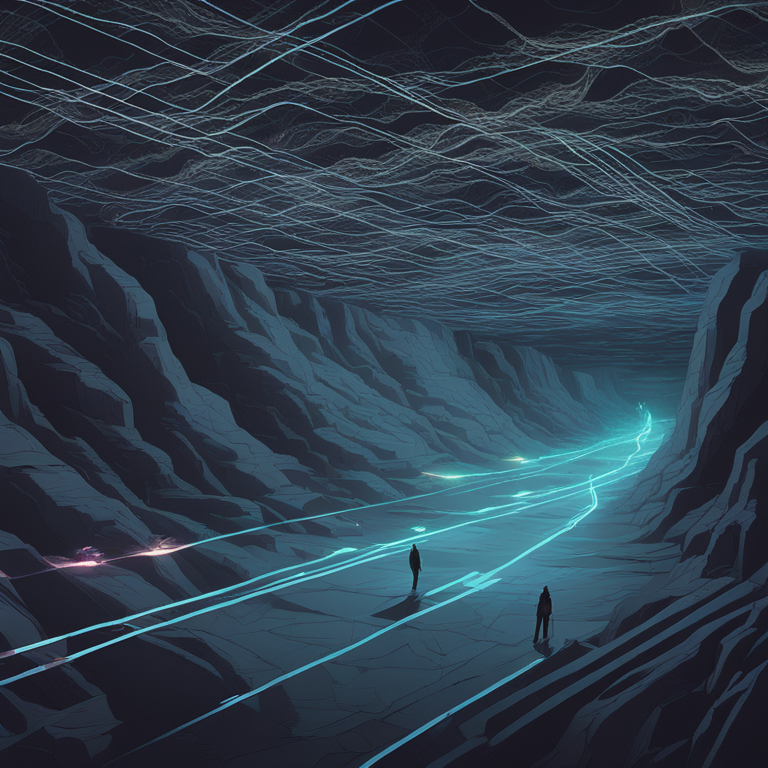 어두운 동굴 속 청록색으로 빛나는 길 위에 두 사람의 실루엣이 서 있다