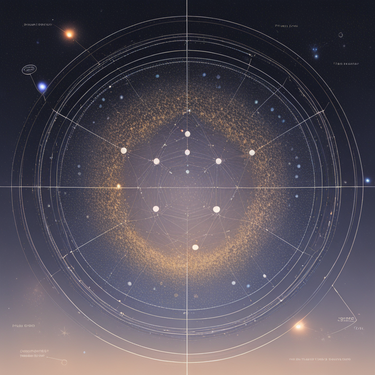 은하수와 별들이 보이는 우주 공간에 궤도와 네트워크가 그려진 천문학 다이어그램