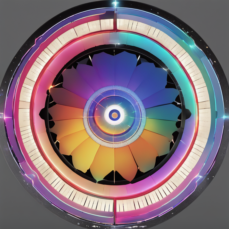 중앙에서 빛이 나는 무지개색 원형 구조물을 정면에서 본 모습