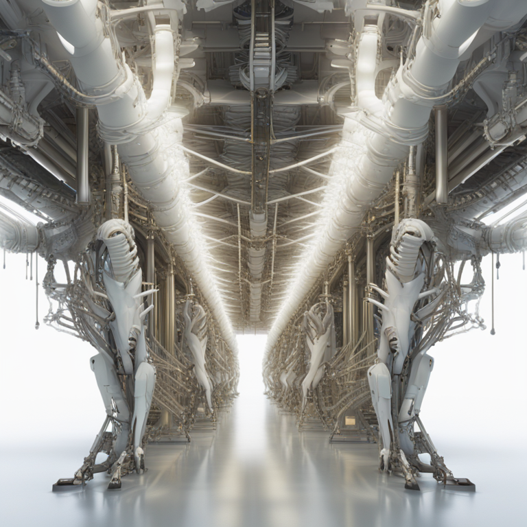 대칭으로 배치된 흰색 로봇 조각상들 사이로 밝은 빛이 비추고 있다