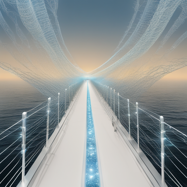 바다 위에 놓인 흰색 다리 중앙으로 청록색 빛 줄기가 뻗어 있다