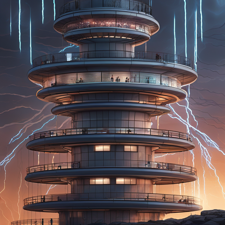 번개가 치는 하늘을 배경으로 원형 층들이 쌓인 미래형 타워 건물