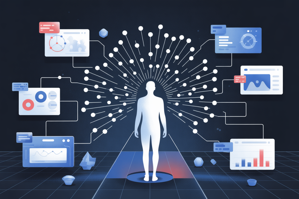인간 중심 데이터 네트워크 구조를 표현한 디지털 그래픽