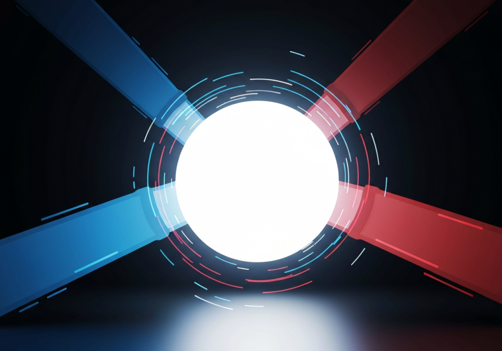 파란색과 빨간색 빛이 교차하는 데이터 에너지 허브 그래픽