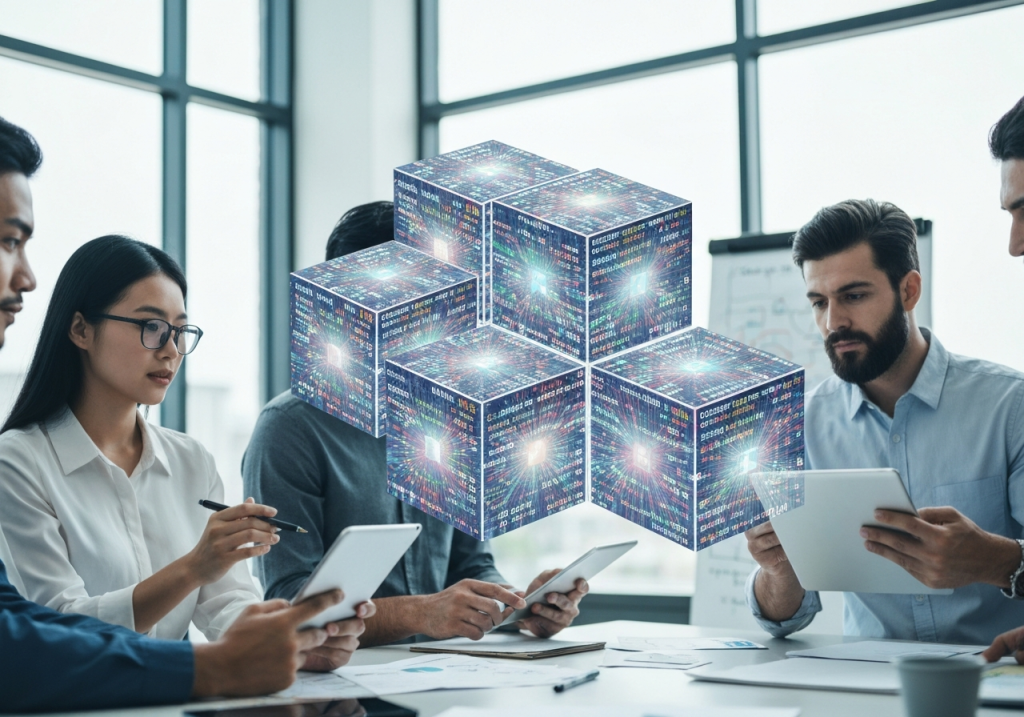 블록체인 네트워크 구조를 논의하는 기술팀 회의 장면