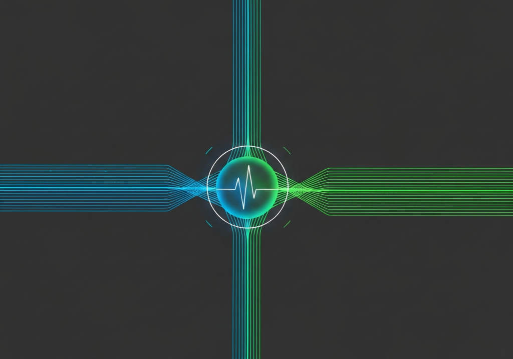 데이터 흐름이 교차하는 중심 노드를 형상화한 루믹스솔루션 네트워크 그래픽