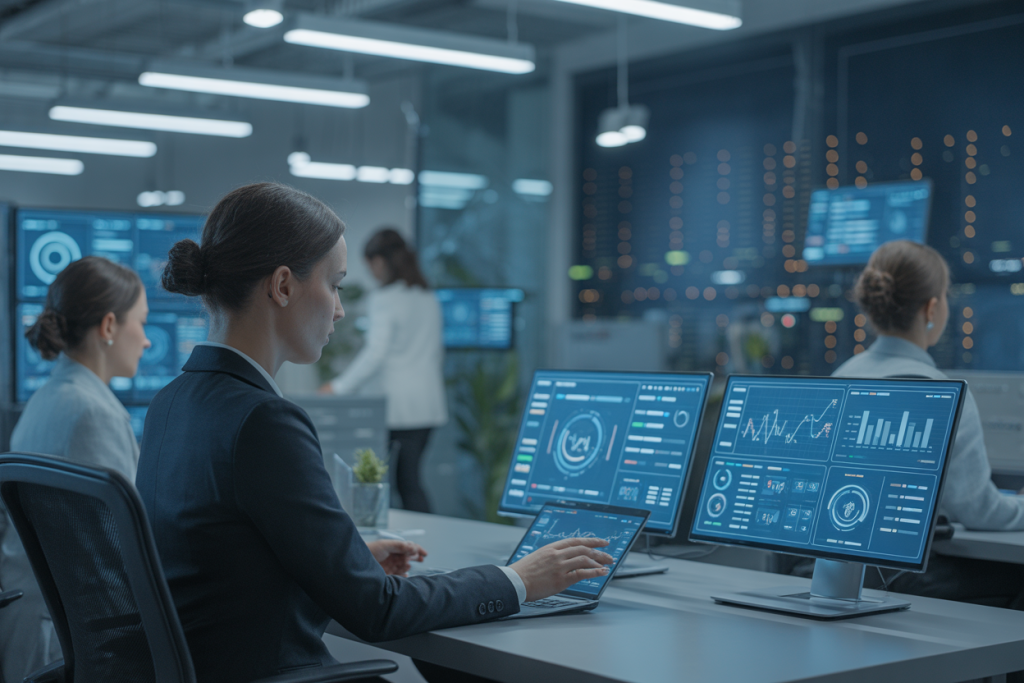 데이터 분석 대시보드를 모니터링하는 루믹스솔루션 직원들
