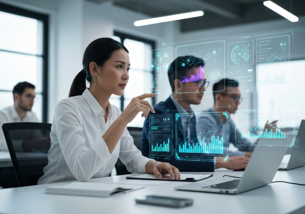 데이터 시각화 대시보드를 조작하는 루믹스솔루션 분석가의 모습