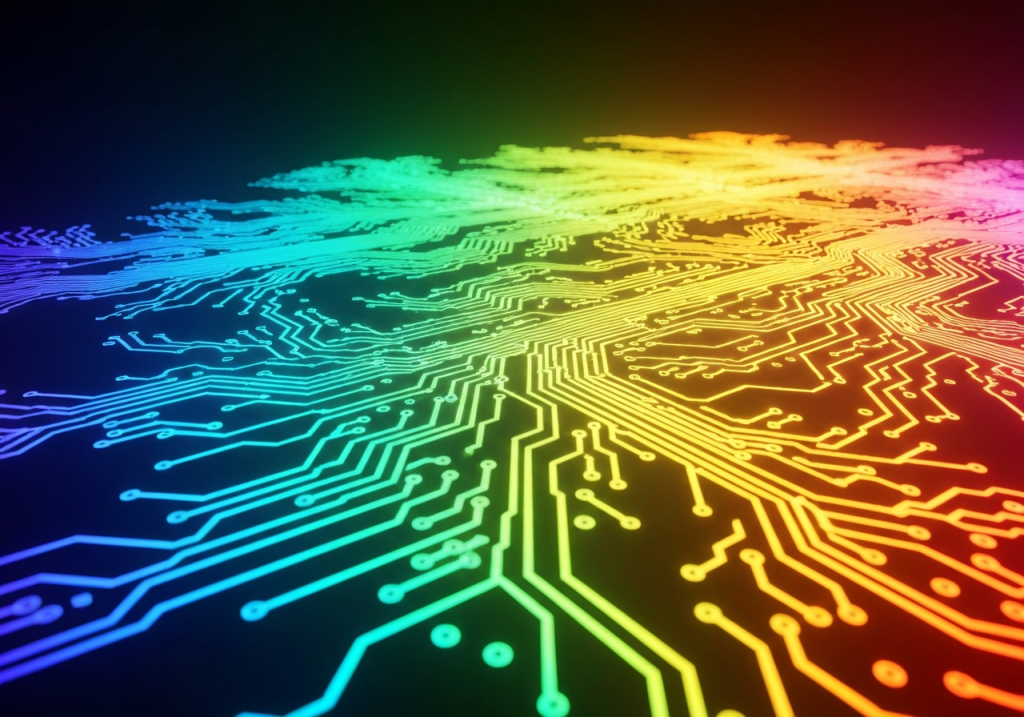 다채로운 회로 패턴으로 표현된 디지털 데이터 흐름 그래픽