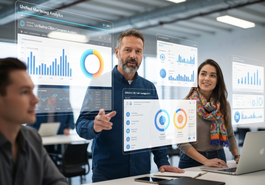 마케팅 분석 데이터를 시각화하여 논의하는 협업 회의 장면