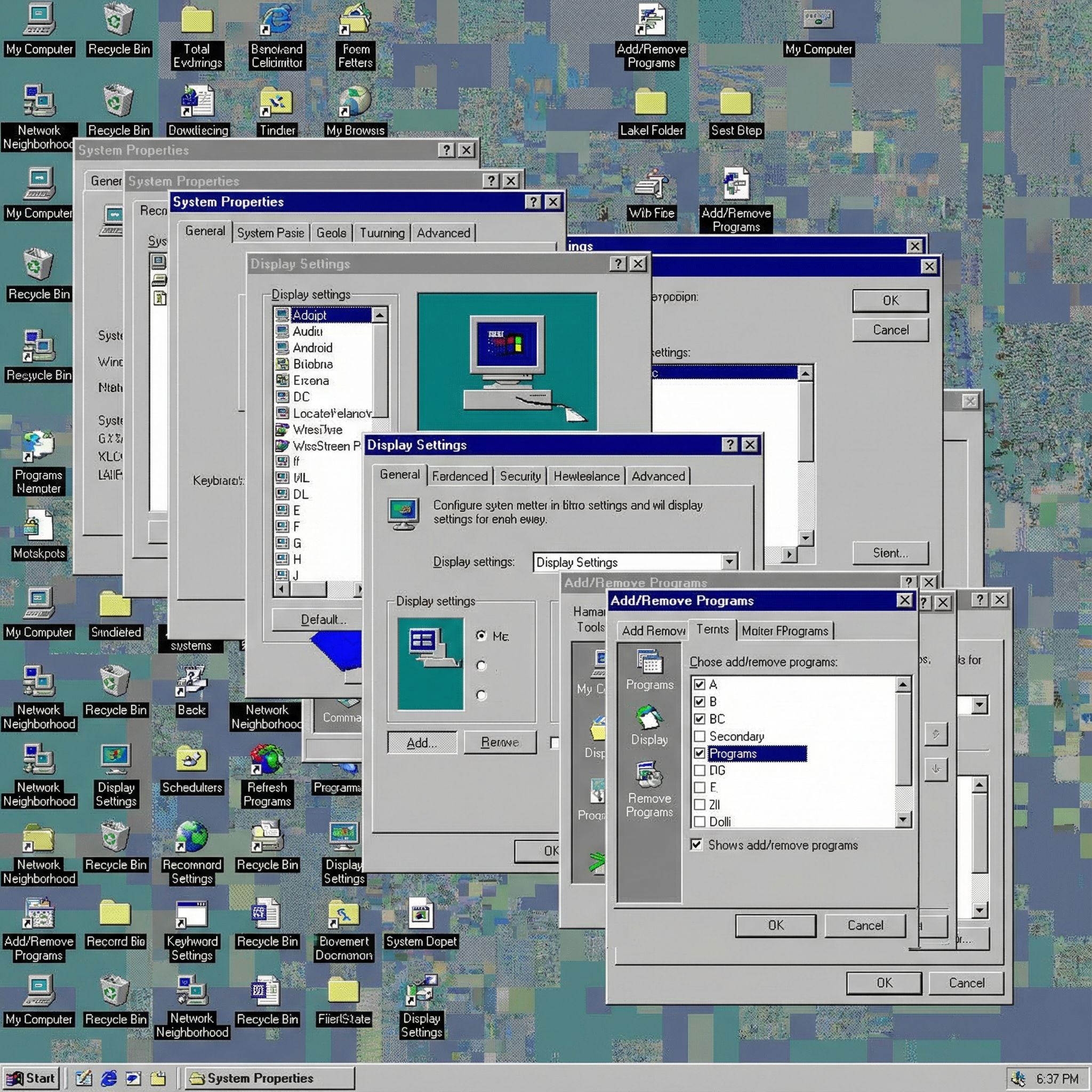 흩어진 창과 아이콘이 겹쳐 정신없이 어지러운 컴퓨터 바탕화면 모습이다.