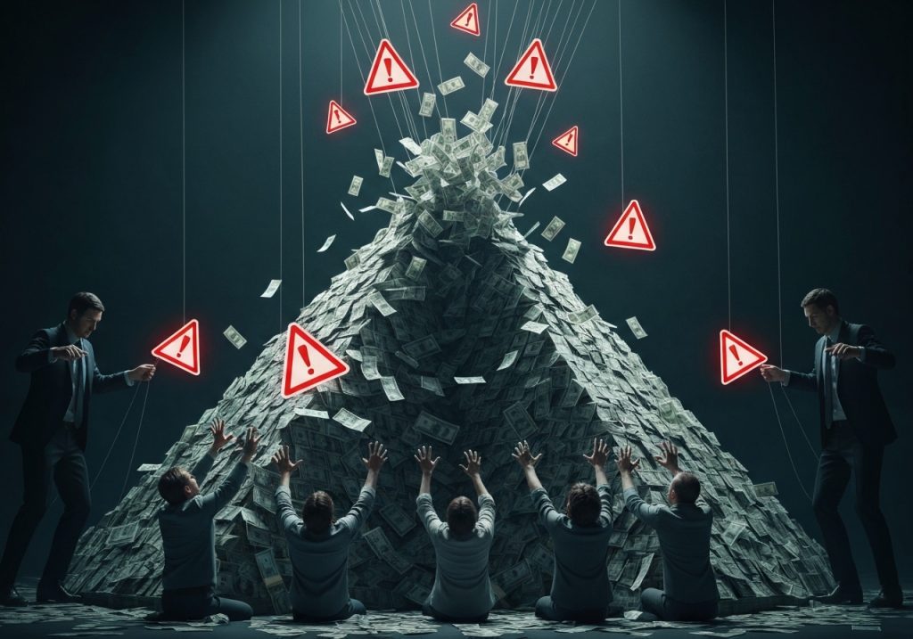 피라미드 사기 극적 시각화: 달러 지폐로 만들어진 거대한 무너지는 피라미드 앞에 무릎을 꿇고 손을 뻗어 올리는 여러 사람들. 주변에 빨간색 느낌표가 있는 삼각형 경고 표지판들이 떠다니고, 양쪽에 두 명의 인물이 줄로 경고 표지판을 조종하는 모습. 다크 시안 배경에 극적인 조명으로 금융 사기의 위험을 상징