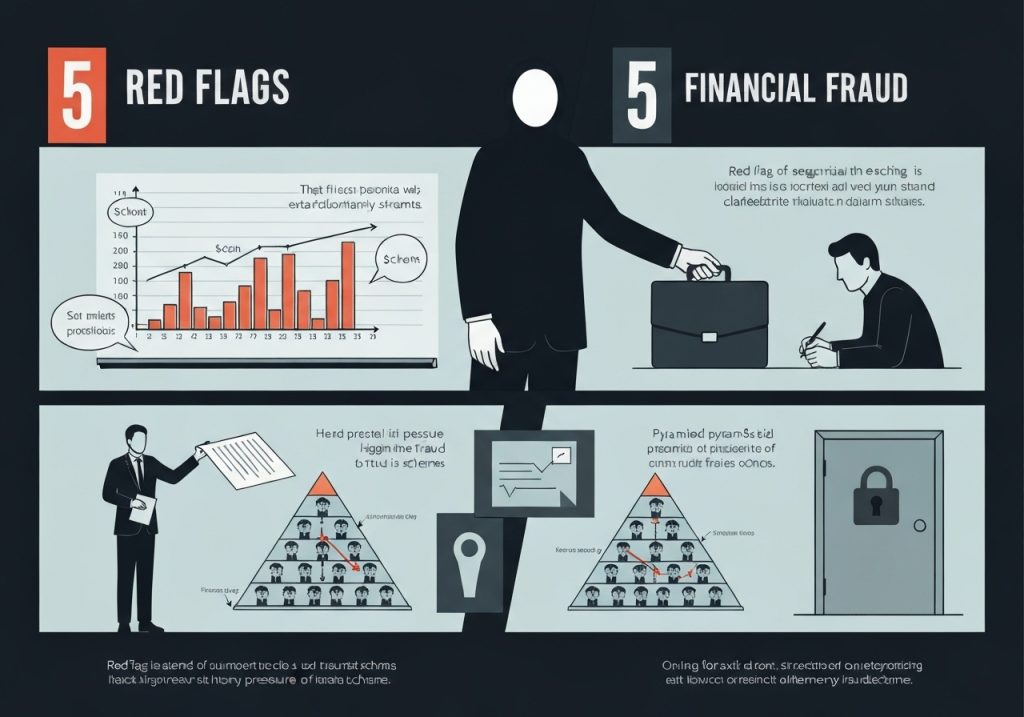 여러 그래프와 조직도, 잠금 아이콘이 한 화면에 배치되어 다양한 경고 요소를 시각적으로 설명하는 인포그래픽 장면