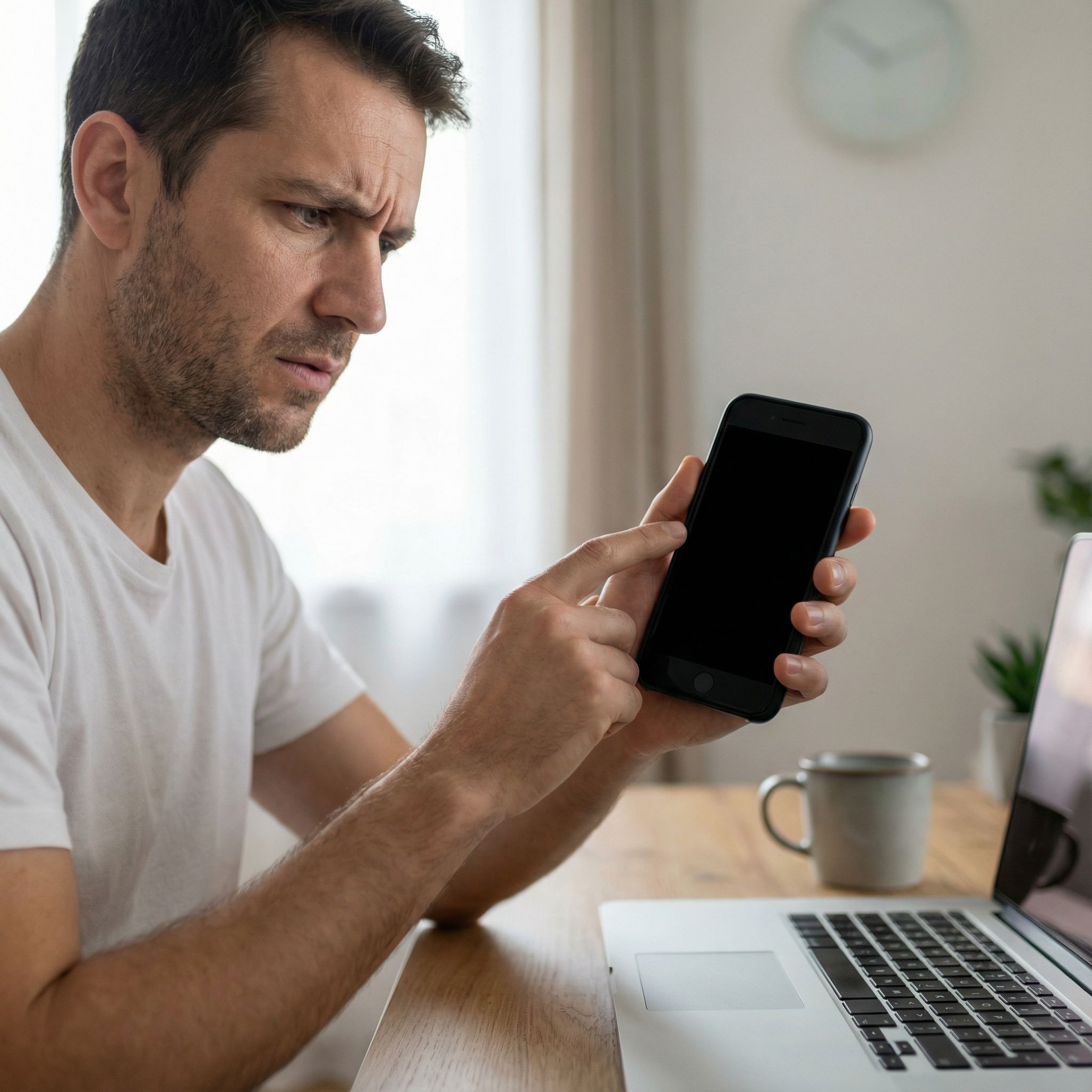 검정색 아이폰의 꺼진 화면을 확인하며 문제 해결에 집중하는 사람의 걱정스러운 표정입니다.