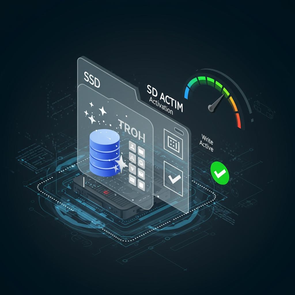 SSD 관리 3D 인터페이스 - 투명 패널에 "SSD", "SD ACTIM Activation", "TROH" 레이블, 파란 데이터베이스 아이콘, 속도계 게이지, Write Active 상태 및 녹색 확인 버튼이 있는 아이소메트릭 시각화
