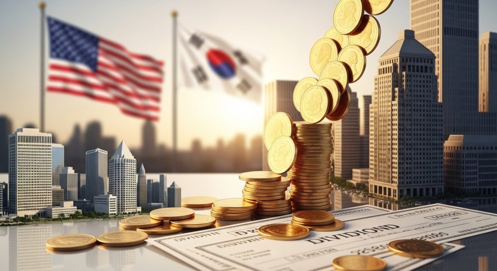 한미 투자 파트너십 개념: 도시 스카이라인 앞에 배치된 황금 동전 탑들. 왼쪽에 미국 국기와 한국 국기가 펄럭이고, 중앙에는 황금 동전들이 아치 형태로 떨어지며, 금융 문서 위에 흩어진 동전들과 쌓인 동전 스택들. 배경에는 고층 빌딩들이 있어 국제 금융 협력과 투자를 상징