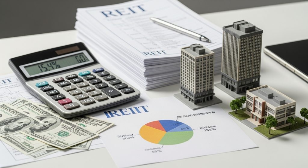 여러 서류와 그래프가 펼쳐진 책상에서 건물 모형과 계산기가 나란히 놓이며 재무 자료가 조용히 드러나는 모습