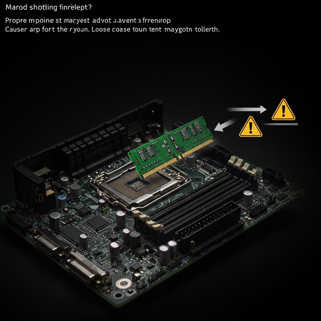 마더보드 RAM 슬롯에 떠있는 녹색 메모리 스틱 - 양쪽에 노란색 경고 삼각형 아이콘과 화살표, 상단에 "Marod shotting finrelept?" 하드웨어 문제 진단 이미지