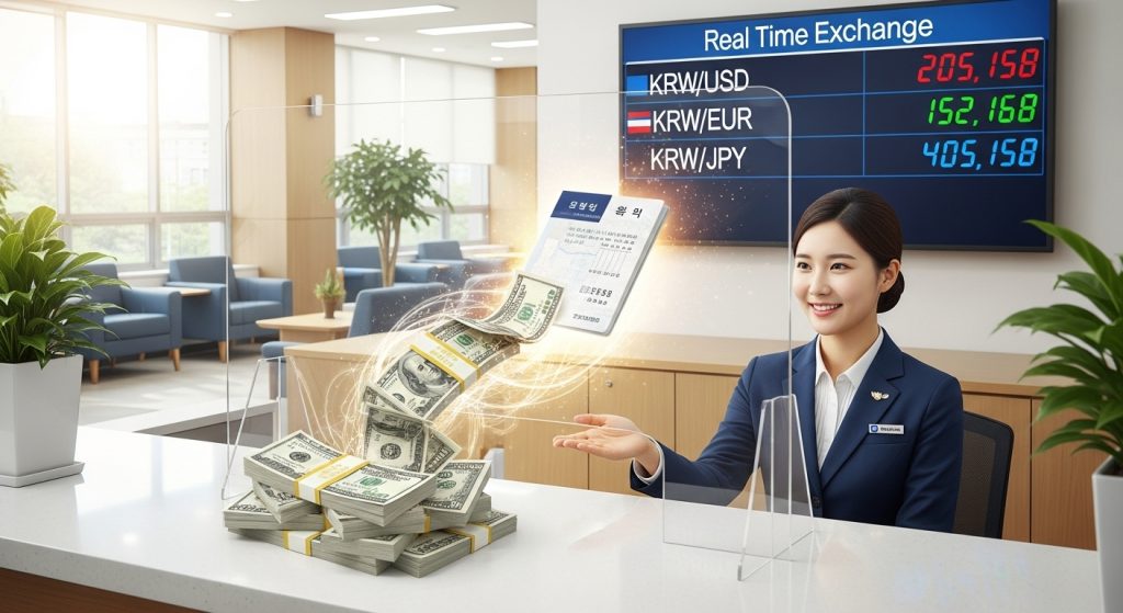 환율 전광판 앞에서 직원이 미소를 짓고 있고 지폐와 통장이 빛을 따라 공중으로 흐르는 은행 창구의 순간