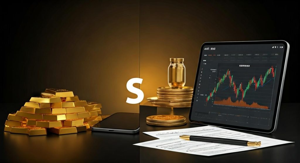 금괴와 금화가 빛을 반사하며 놓여 있고 옆에서 그래프가 표시된 태블릿이 서 있는 대비적 순간