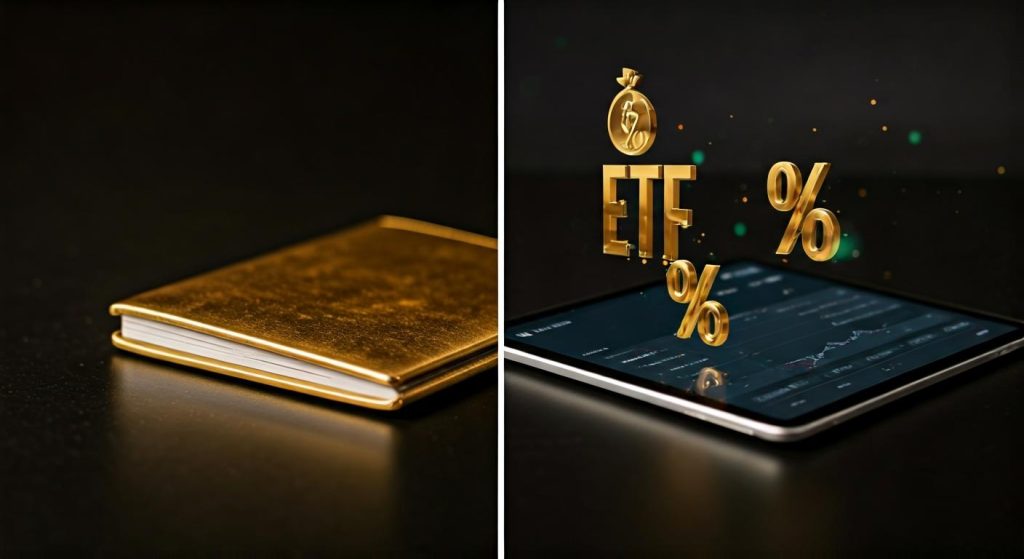 금융 상품 비교: 2개 패널 구성 - 왼쪽에 검은 배경의 황금 하드커버 노트북, 오른쪽에 태블릿에서 황금색 ETF 텍스트와 퍼센트 기호(%)들이 홀로그램처럼 떠오르는 모습. 태블릿에는 어두운 금융 차트가 표시되고, 하단에 황금 입자들이 흩날림. 전통적 투자와 현대적 디지털 금융 상품의 대조를 표현