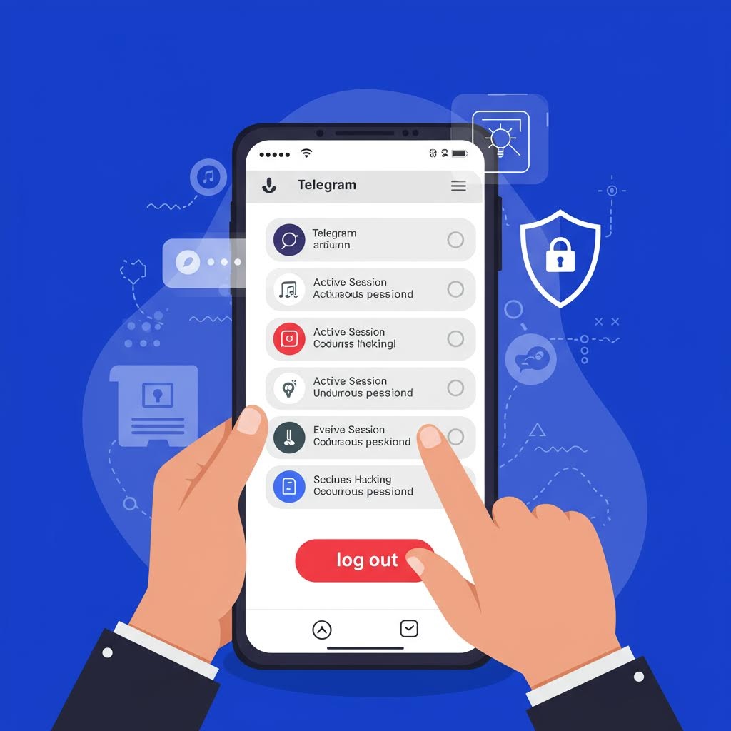 텔레그램 활성 세션 관리 화면 - 여러 활성 세션 목록(Telegram artiunn, Actueous pessiond, Codurss Inckingl, Undurrous pessiond, Evelve Session, Seciclus Hacking)과 하단의 빨간 로그아웃 버튼, 배경에 보안 아이콘들(방패, 전구, 게임패드) 표시