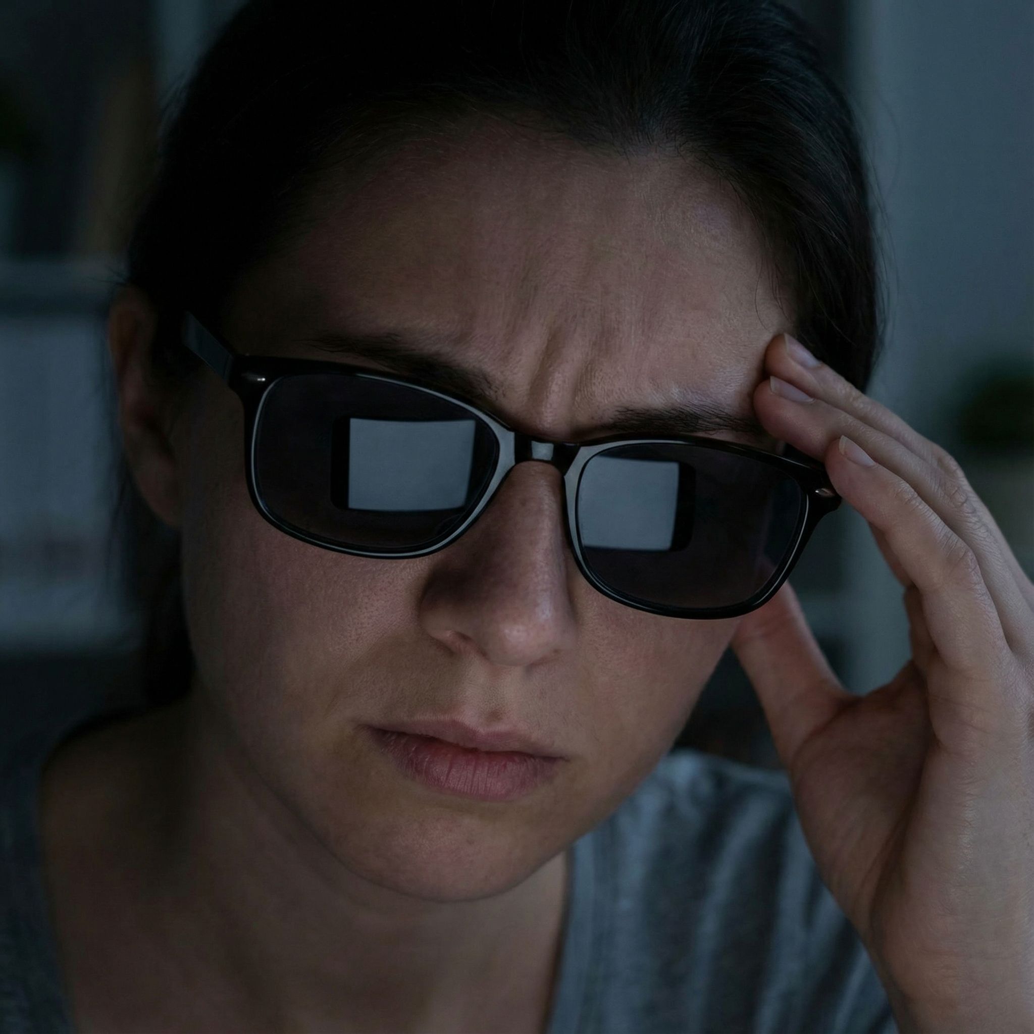 검정색 안경에 비친 빛 바랜 컴퓨터 화면만으로 얼굴이 희미하게 비치는, 걱정 가득한 표정의 인물의 클로즈업이다.