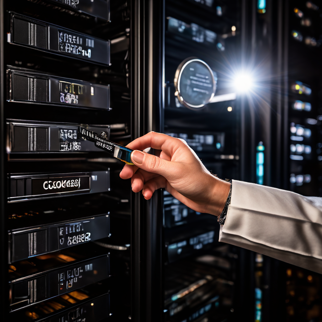 회색 서버 랙 앞에서 망설이는 손과 진단 체크리스트, 확대경이 놓인 모습이다.