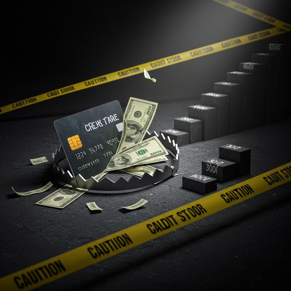 신용카드와 지폐가 덫 위에 흩어져 놓이고 주변에 경고 테이프가 둘러진 대비된 구성의 순간