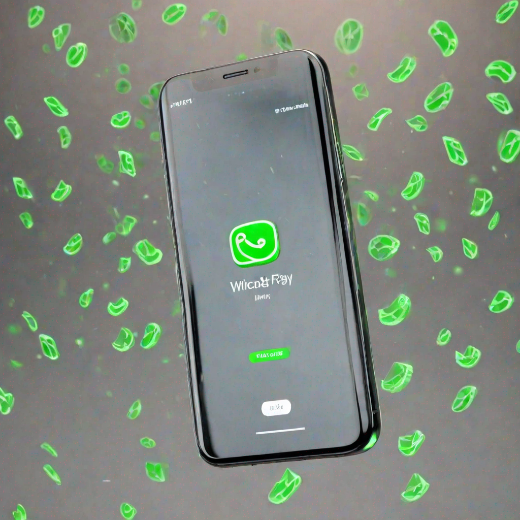 어두운 배경 속 스마트폰 화면에 녹색 앱 로고가 또렷하게 떠 있고 주변을 흩날리는 형형한 잔광의 아이콘들이 생동감을 만드는 장면