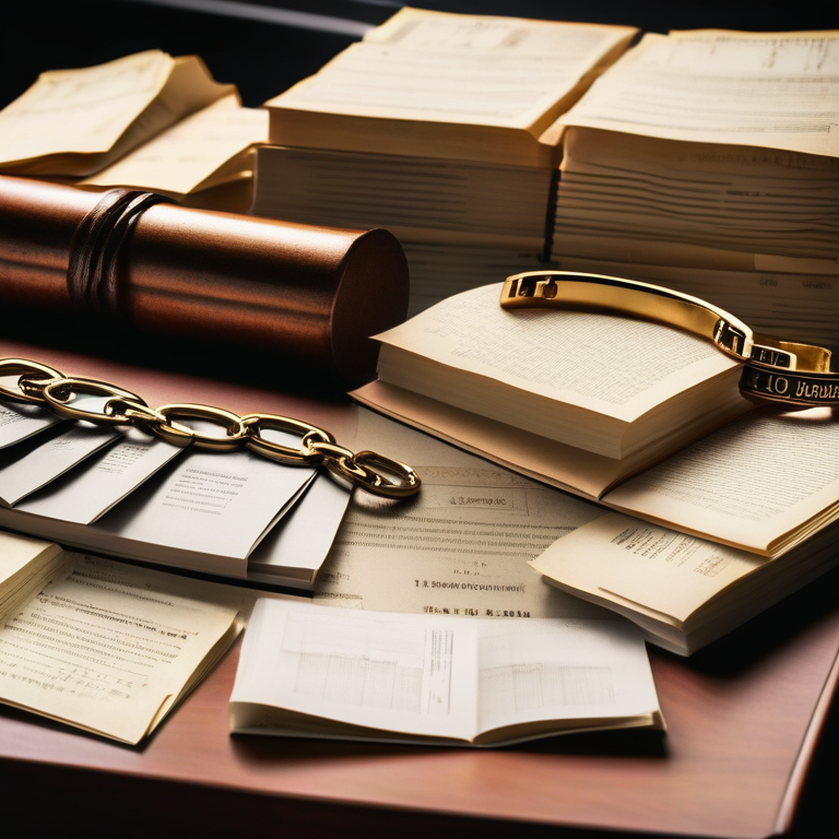 법률 정의 정물: 따뜻한 조명 아래 나무 책상 위에 배치된 법률 도구들 - 나무 망치(재판봉), 황금색 수갑이 놓인 열린 법률 서적들, 스마트폰, 금속 체인, 그리고 여러 법률 문서들과 종이들이 흩어져 있음. 베이지-브라운 톤의 전문적이고 권위 있는 법률 분위기