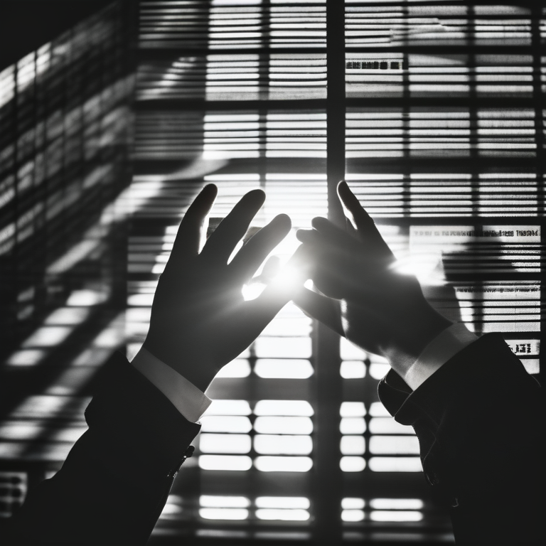 흑백 실루엣 극적 장면: 블라인드를 통해 들어오는 강렬한 역광 앞에서 두 손을 들어 올린 사람의 실루엣. 블라인드의 수평선 패턴이 선명하게 드러나며, 손가락 사이로 빛이 투과되어 극적인 대비를 만드는 느와르 스타일의 구성. 희망, 절망, 또는 항복의 제스처를 표현