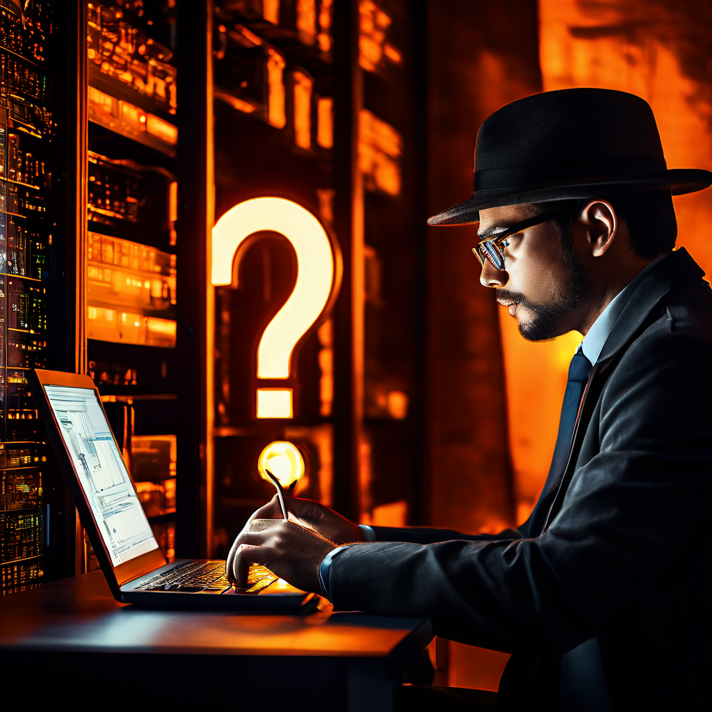 검은색 서버 앞에 선 탐정이 회색 물음표 아래 비활성화된 가상화 아이콘을 살펴보는 모습이다.