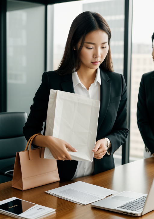 전문직 여성 업무 장면: 현대적인 밝은 사무실에서 검은 블레이저와 흰 셔츠를 입은 아시아 여성이 서서 서류를 검토하는 모습. 나무 테이블 위에는 노트북, 문서들, 베이지색 가죽 핸드백이 놓여 있고, 배경에는 큰 창문과 회의실 의자가 보임. 자연광이 들어오는 전문적이고 집중된 비즈니스 환경