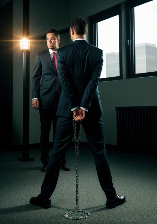 정장 차림의 남성이 손뒤로 쇠사슬을 느슨히 잡은 채 넓게 선 모습이 전면의 다른 남성과 대비되며 긴장된 구조가 드러나는 장면