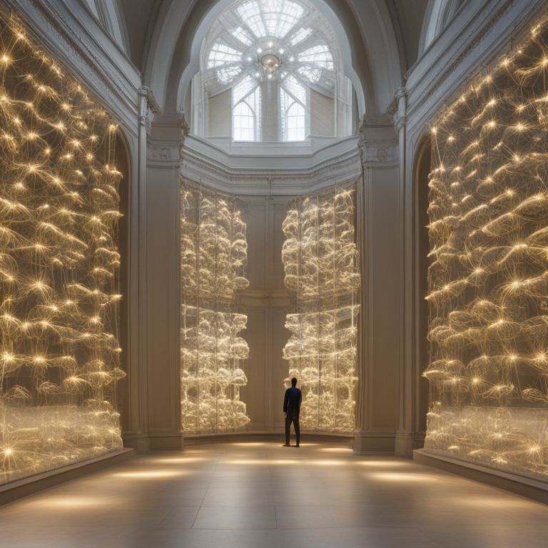 흰색 고전 건축물 내부에 금색으로 빛나는 설치 작품 앞에 한 사람이 서 있다