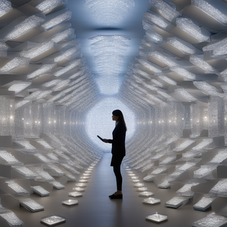 빛나는 흰색 패널들이 대칭으로 배치된 터널 안에 한 여성이 태블릿을 들고 서 있다