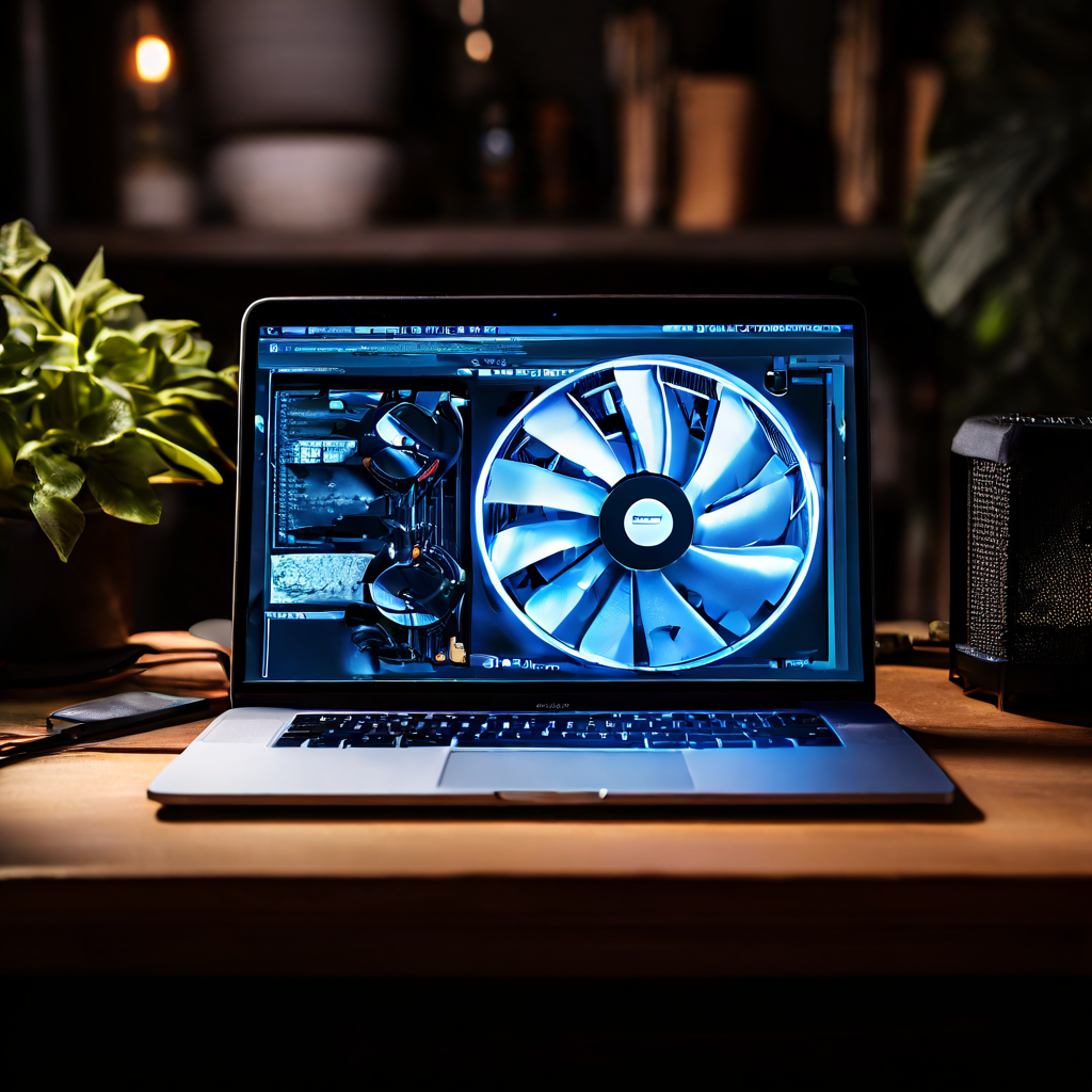 회색 맥북 화면에 느린 로딩 창이 떠 있고 옆에서는 시끄러운 팬이 빨갛게 빛나며 작동하는 모습이다.