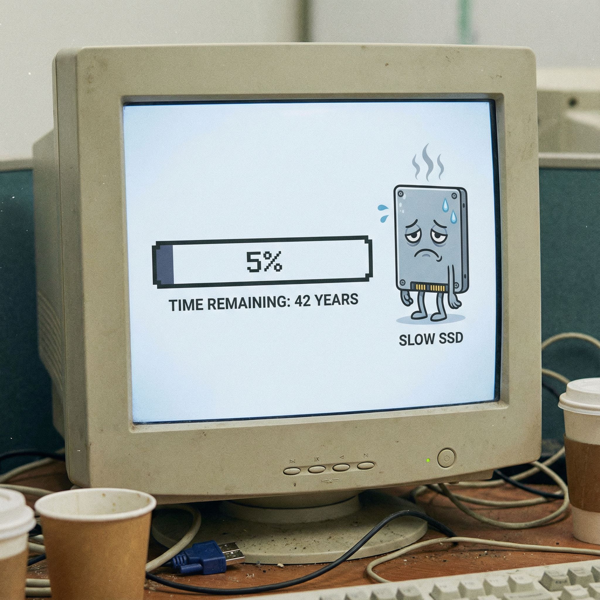 컴퓨터 화면에 느리게 진행되는 로딩 바가 표시되고, 그 옆에 우울하거나 굼뜬 모양의 솔리드 스테이트 드라이브 아이콘이 놓여 있는 모습이다.