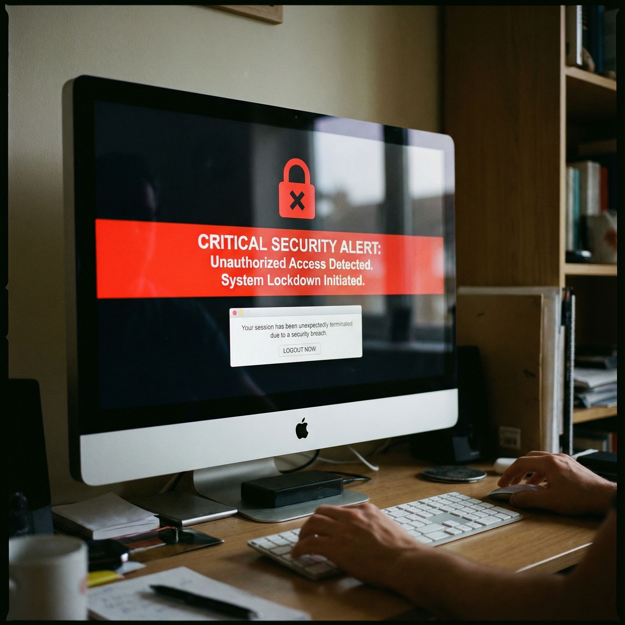 검은 화면에 빨간 보안 경고 창이 떠 있고, 로그아웃 알림 메시지가 표시된 컴퓨터 모니터 모습이다.