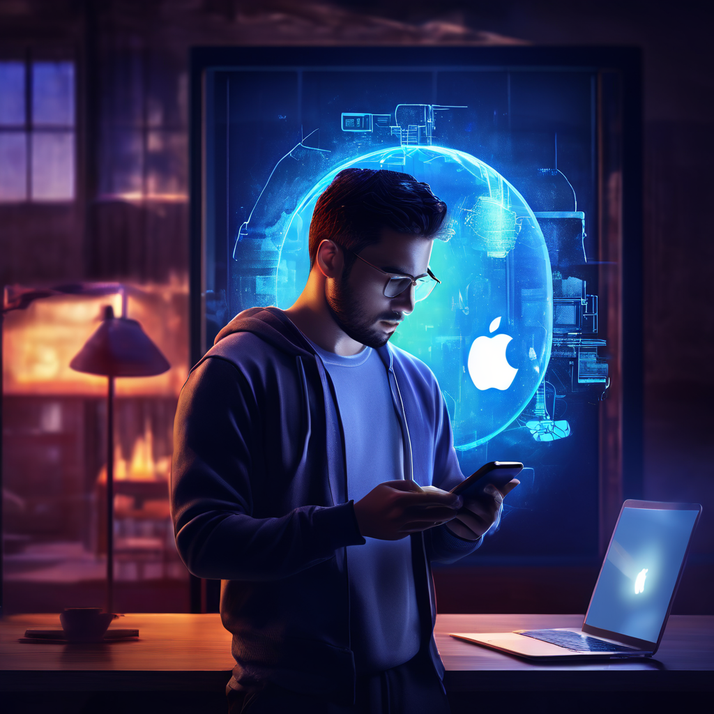 화면 속 창문 모양 장벽 너머로 빛나는 아이폰과 열쇠 고리가 보이는 상황에, 컴퓨터 앞에서 당황한 표정의 사람이 있습니다.