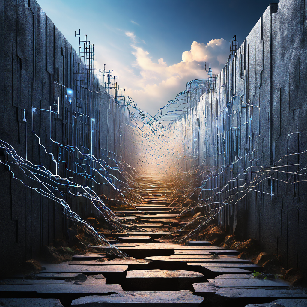 균열이 간 데이터 파이프라인이 생태계 장벽이라는 벽에 부딪혀 데이터 패킷이 막혀 있는 모습이다.