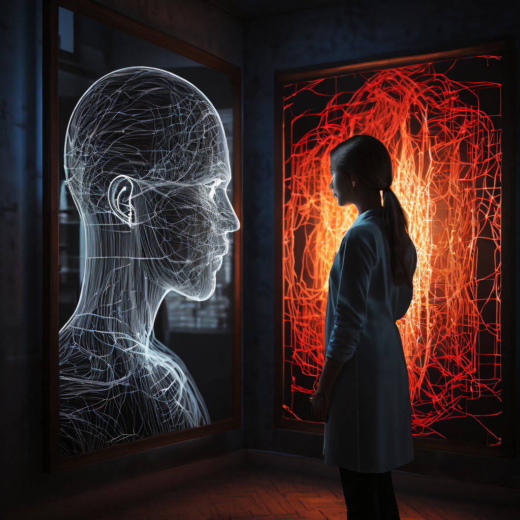 거울 속 얼굴 대신 복잡하게 엉킨 매듭이 비친 모습에 의료 차트가 겹쳐 있으며, 우울한 분위기의 개념적 조명이 드리워져 있습니다.