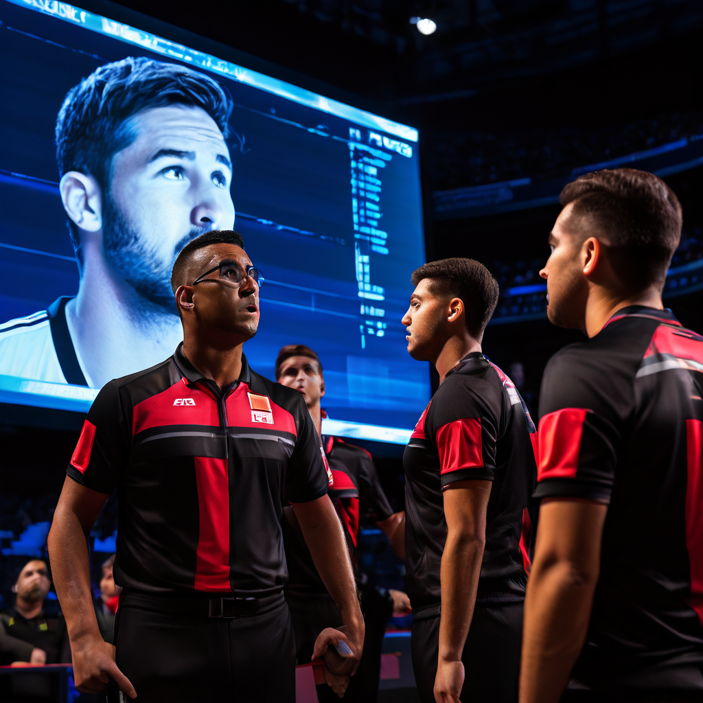 혼란스러운 배심원과 선수들이 화면이 깨진 거대한 영상 재생 화면을 바라보고 있습니다.