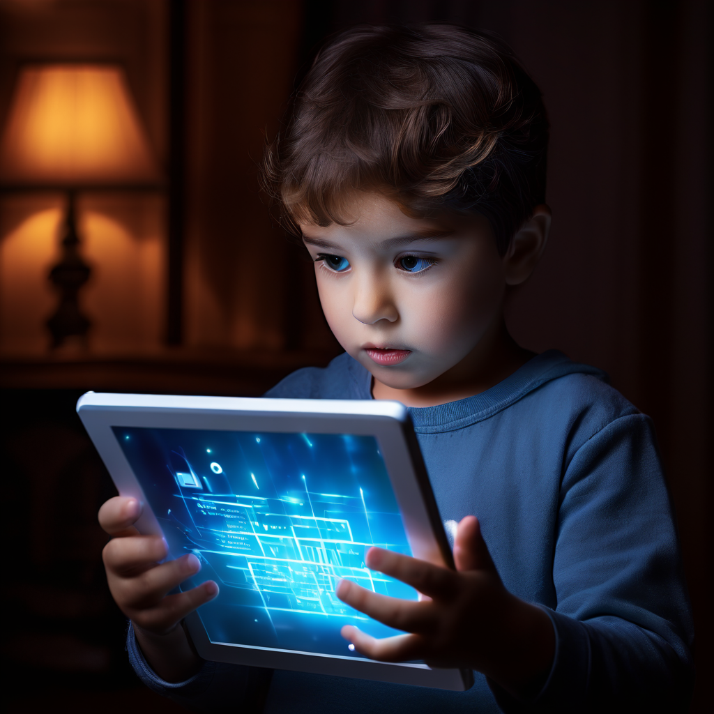 밝은 태블릿 화면을 바라보는 아이의 시선을, 염려 어린 표정의 부모 손이 살며시 막고 있는 모습이다.