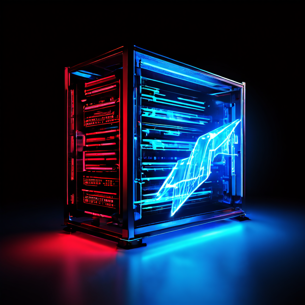 서버 랙 속으로 흐르는 차가운 파란 데이터 흐름을 뜨거운 빨간 검색 화살표가 노트북에서 뚫고 들어가는 모습이다.