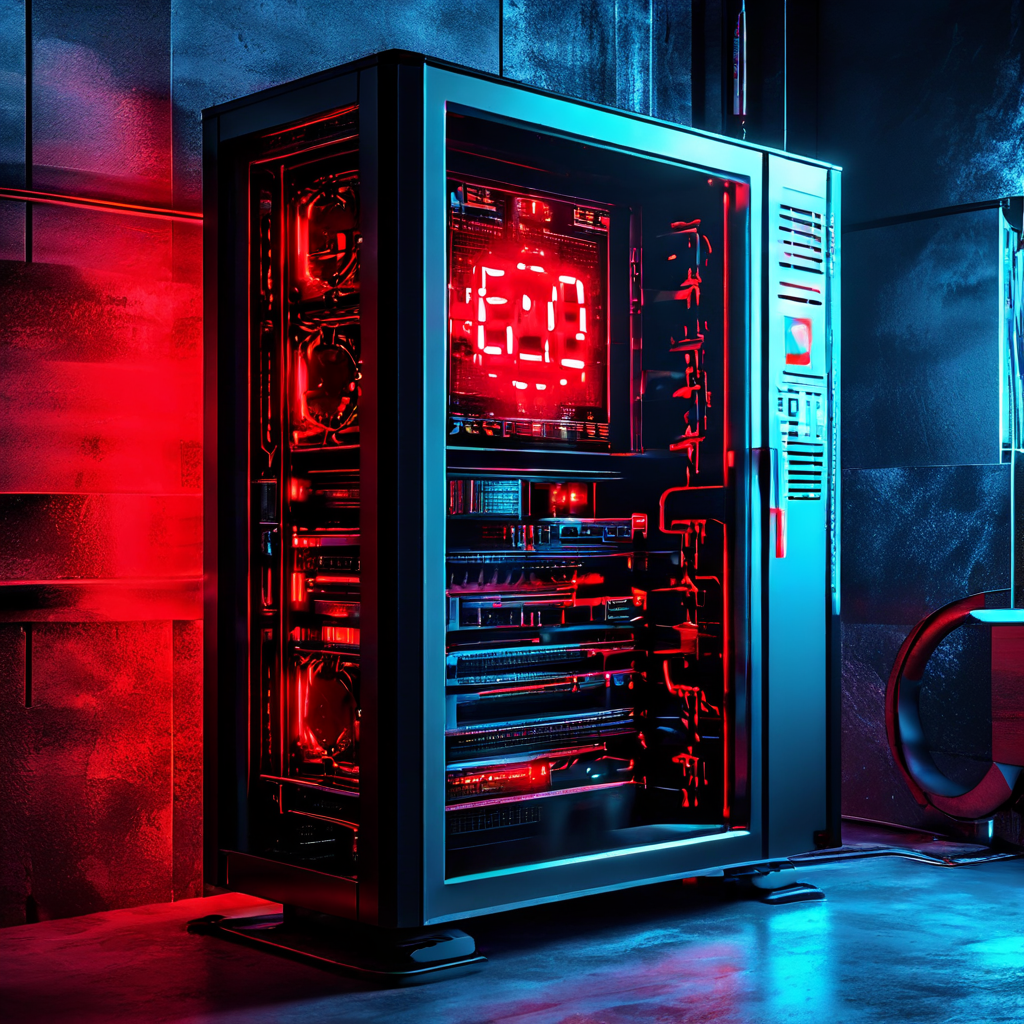 디지털 서버 랙의 한 구역이 붉게 빛나고 모니터에 큰 오류 표시가 나타나 있으며 시계는 멈춘 듯한 로딩 아이콘을 보여줍니다.