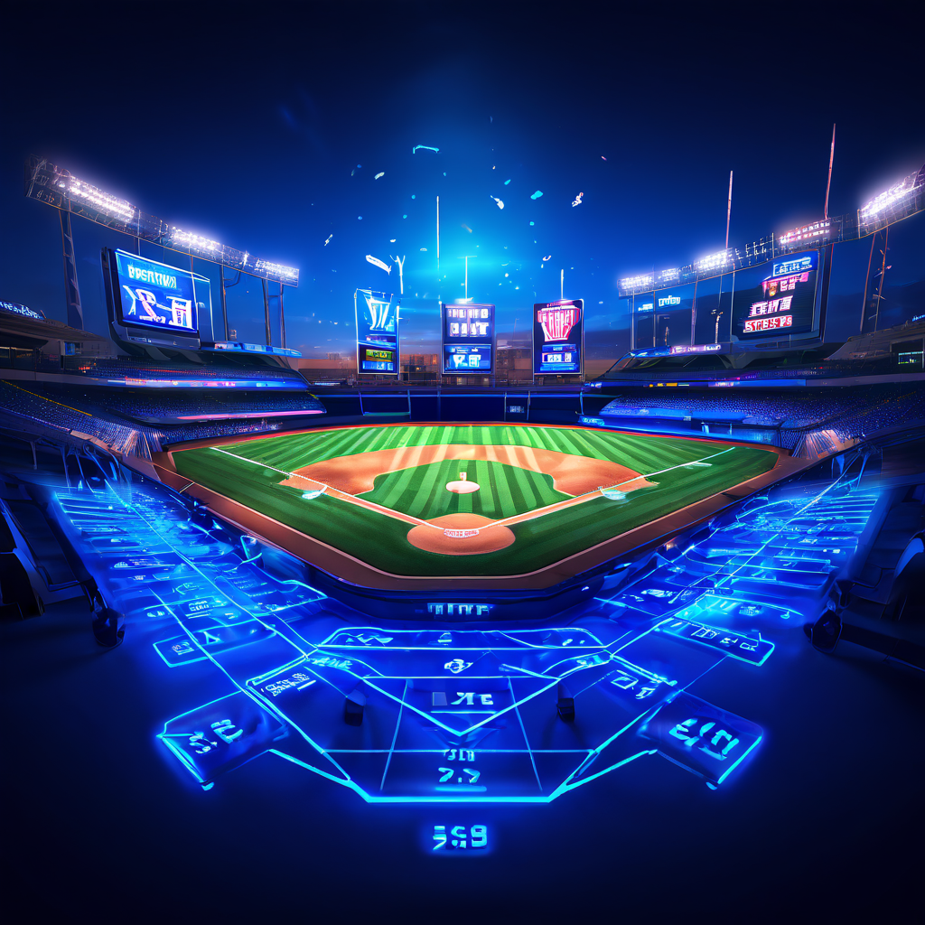 빛나는 선수 기록과 투구 데이터가 압축되어 MLB 약자로 변환되는 야구장의 모습이다.